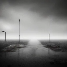 An empty carpark on a misty day. Telegraph poles and wires. Muted tones. Tilted horizon. With blotches, blurry areas and lens noise and grain. Hyper realistic Photo 4k