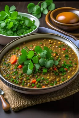A bowl of lentil soup with a side of tabbouleh salad.