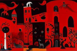 A dark red vampiric fortress designed in ancient Greek pottery painted by Joan Miro