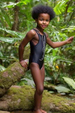 young natural black teen in the jungle playing with dad in swimsuit