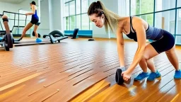 woman dirties wood floor in workout room