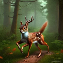 fantasy art, book cover, "As you ride deeper into the forest, you begin to see signs of wildlife. A deer dashes across the trail ahead of you, and you hear the rustling of leaves as a squirrel scurries up a nearby tree. "