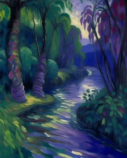 A purple jungle with a river painted by Claude Monet
