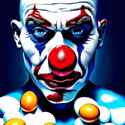 A lone and sad clown in a vibrant A surreal, hyper-realistic digital artwork of a human man clown with a cracked eggshell as the top of his head, revealing a raw egg yolk and egg white spilling down his red nose and his face face. The clownn’s facial expression is introspective and solemn, with piercing blue eyes gazing upward. The egg yolk is glossy, vibrant orange, and the egg white drips realistically down his sad face, emphasizing texture and gravity. The background is a sidewlk, soft gradie