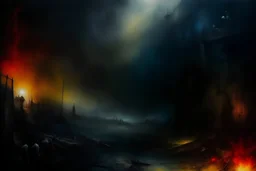 oil painting in the style of William Turner, Rembrand, Hieronymus Bosch: a dystopic dark enviroment. colors run partially, oil paints on canvas. dramatic painting effects, fine crackles, mystic dark mood. horror, science fiction, depression. postapocalypse. nebular.