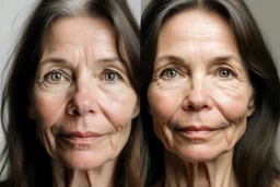 A selfie of a brunette woman, middle long hair, showing a 59-year-old European woman. She has brown hair, face without makeup, cute nose, detailed full lips, skin texture. Split screen and show the same face but without wrinkels and younger and more beautiful