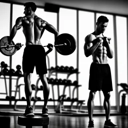 a man doing fitness with weights in a fitness studio, black and white only