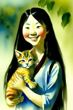 A cute smiling asian girl is holding a kitten. Watercolour