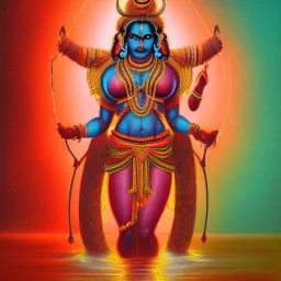 An oil painting of goddess Kali crossing a lake, neon red colors,