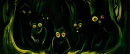A dark greenish black shadow realm with glowing eyed imps painted by Alexej von Jawlensky