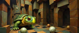 master oil painting by Rembrandt, marble madness turtle character portrait, a living bowling marble halls in a twisted block maze, scenery from the game "marble madness"
