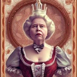 "Queen of Hearts"fat old woman book character of "Alice in the wonderland"Lewis Carroll,Helena Bonham Carter style.Detailed face,detailed Queen of Hearts, detailed eyes, Realistic lighting,elegant dress disney style,nasty smile.James Bobin move style. baroque, intricate patterns, fractalism.style by Disney,Chie Yoshii,earnst haeckel,james jean,tim burton