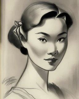 a drawing of a portrait a young beautiful lady vietnamese by Christian Jane Fergusson, pixiv, barbizon school, 1920s, pencil sketch, fauvism