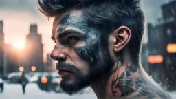 Double exposure, Wolfman, photorealism, man, city, sunset, snow, rain, fantasy, mystical, tattoo, vertical pupils, high detail, high resolution, 8K