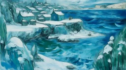 A cyan icy coast in a snowstorm designed in Mayan architecture painted by Paul Cézanne