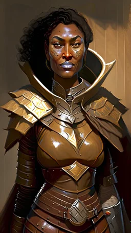A tall human woman with tanned skin. Her face, marked by the years, always has a smirk on it, showing her superiority in the eyes of the others. She is dressed in leather armor and wears a wheel cape.