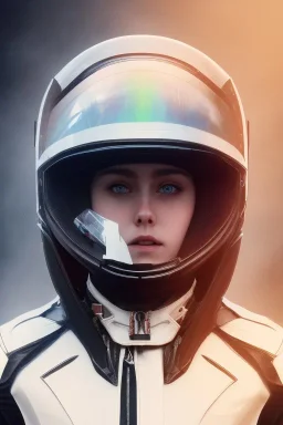 All Black racing suit AnnaSophia Robb, portrait, ghost mask, wearing high tech racing helmet, white smoke, dark, rage, sorrow, high definition, ultra 8 k, volumetric lighting, blue fire, fog