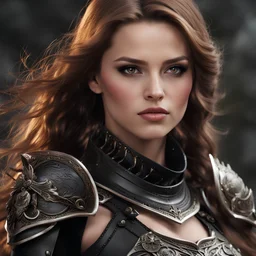 young woman with long brown hair, arrogant red eyes, wearing black leather fantasy armor, detailed, 4k resolution, hd