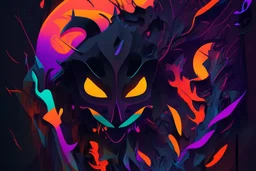 "Generate an abstract artwork that captures the eerie essence of Halloween using dark, vibrant colors and striking shapes."