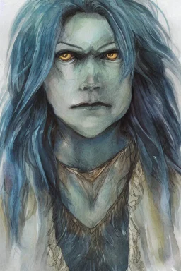 portrait, watercolour, realistic, illustration, dnd, fantasy, dwarf, ghost, ethereal, blue skin, glowy skin, see-through