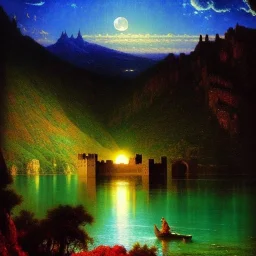 Drawing of 'Medieval Romanian Castle',mountain,lake,full moon, by gaston bussiere, greg rutkowski, yoji shinkawa, yoshitaka amano, tsutomu nihei, donato giancola, tim hildebrandt, ink and pencil on canvas, cinematic composition, extreme detail,fit full head inside picture,16k