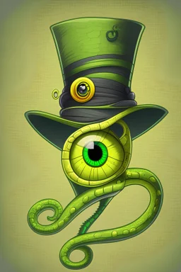 A yellow and green snake with a top hat, big cartoon style eye, one eye is replaced with a cross. Like the eye has been lost
