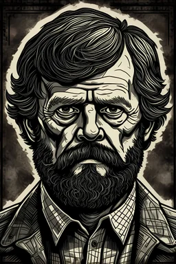 Portrait of author Frank Herbert in the style of the mugshot of Ted Kaczynski, the Unabomber. High definition picture.