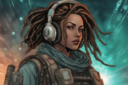 front facing full length portrait illustration of a grunge armored female , beaded dreadlock hair, cyberpunk vampire mercenary with gas mask, telecommunications headset, and shemagh, aboard an interstellar container ship, highly detailed with gritty post apocalyptic textures, caught in a cosmic maelstrom of swirling gases , finely detailed facial features and hair, in the graphic novel style of Bill Sienkiewicz, and Jean Giraud Moebius, ink wash and watercolor with realistic light and shadow