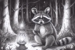 At dusk a curious raccoon explores the forest. Tiptoeing into human campsites, intrigued by human artifacts they found.- Pencil drawing, realistic, graphite