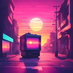 time machine in a street, synthwave picture style with light pixel, the sunset on the horizon, with a big pixelated sun