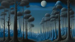 Una pintura al óleo con el hiperrealismo meticuloso y los escenarios oníricos pero opresivos propios de René Magritte o Yves Tanguy. Un bosque de árboles gigantescos cuyas copas están formadas por masas de carne humana enredada y silenciosa, en lugar de hojas, se extiende bajo un cielo de un azul perfecto y antinatural con una luna menguante que llora lágrimas negras. En el centro del claro, una mesa de banquete elegantemente puesta para una sola persona sostiene un plato que contiene un ojo hum