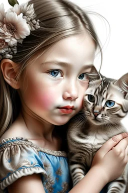 beautiful little girl making a kissing face, hair in messy braids with flowers, with a Siamese cat kissing her cheek, very amber eyes, white background, soft lighting, high detail, hyperrealistic, charcoal drawing, art in the style of Lilia Alvarado, Artgerm, and Greg Rutkowski.