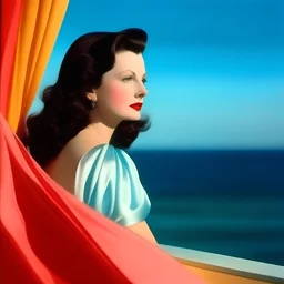 Hedy lamarr A white curtain above the sea, turquoise, pink, orange, yellow, wind blowing