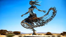 dancing sculpture of a wind-blown lady made of scrap metal and glass in the desert; |wind aesthetics, amazing reflections, wonderful textures, circular swoosh, dynamic, cinematic, dramatic, cam in motion, swirl dynamics, deep low angle, Katsuhiro Otomo style, summer heat, bright tone, sharp shadows, immersed in motion