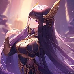 High quality, Detailed, Black long hair, Purple eyes, mouth open, blushing, goddess clothes