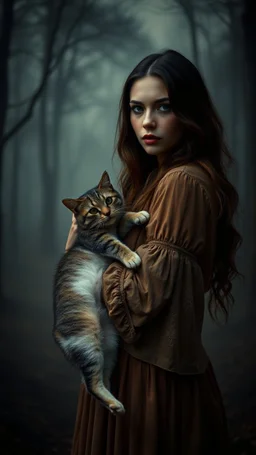 Vintage portrait of a beautiful woman carrying a dead cat standing in a misty and foggy forest background, eerie twilight lighting