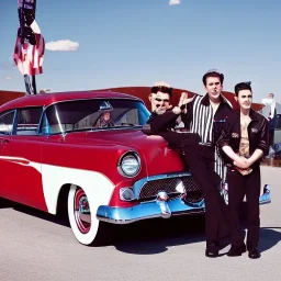 a 50s Greaser BAND standing in front of a hot rod