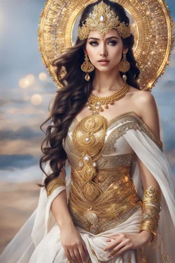 Beautiful Goddess Photo Portrait Fantasycore Artwork, fullbody,wearing traditional golden silver ornaments dress ,Intricate Photography, A Masterpiece