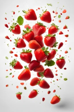 Whole and sliced strawberries in the air isolated on white background