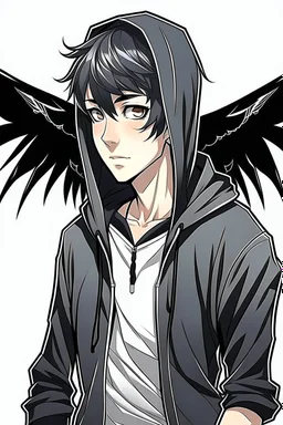 Anime man with black wings realistic happy wearing a hoodie