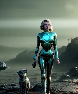 Ultra Realistic retro sci-fi 1960 scene, waist up view portrait, blonde woman, sweet young Marilyn Monroe face, perfect iris, tight latex coat, alien planet background, tight style, steel sphere dron levitating, fog, rain, soft color, highly detailed, unreal engine 5, ray tracing, RTX, lumen lighting, ultra detail, volumetric lighting, 3d, finely drawn, high definition, high resolution.