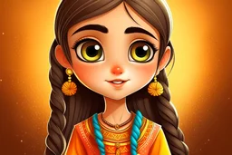 Craft a delightful digital artwork showcasing a cute Pakistani girl, with her big grey eyes sparkling and her long braid flowing elegantly in a casual setting."
