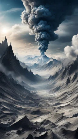 Fantasy world experiencing earth-shattering earthquake. The sky is clouded with smoke and ash, thine lines view