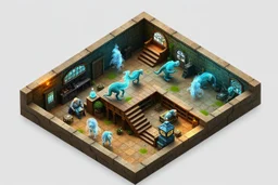 bitmap isometric big map with different rooms with transparent monsters from d and d, 2 levels with stairs, realistic 3d