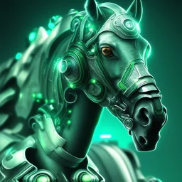 A beautiful portrait of a cyborg horse green color scheme, high key lighting, volumetric light high details psychedelic background