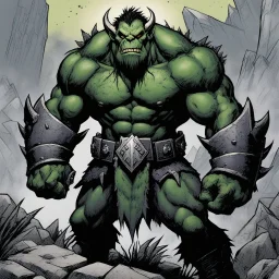 [art by Kevin Eastman and Peter Laird] Orc Green Grey, a fearsome creature of the dark lands, born of shadow and malice. His skin, a sickly hue of green and grey, marked with scars of countless battles fought in service of the Dark Lord. Standing tall and imposing, his muscles taut with strength honed through years of warfare. His eyes, gleaming with a cruel intelligence, ever watchful for any sign of weakness in his enemies. Clad in armor forged in the fires of Mordor, he wields a wicked blade