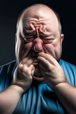 Fat man crying with a mask on