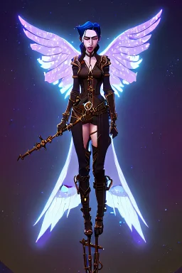 starry night, steampunk angel holding staff, majestic