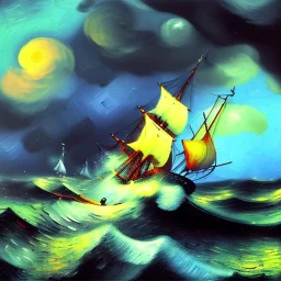 Dibujo al oleo de un Viejo Barco Pirata navegando en la tormenta, lighting, con nubes estilo Vincent van Gogh 8k