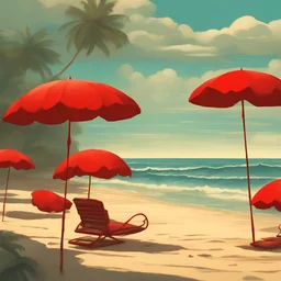 Two mesmerizing, vivid red hearts, meticulously crafted with intricate details, find solace beneath the protective embrace of a scarlet umbrella. Illuminated by the gentle caress of sun-kissed waves, they rest on the sandy shores of a picturesque beach. In a thoughtful Pixar animation style, this surrealistic scene emanates a sense of whimsy, magic, and unexpected beauty. The precise details and superlative quality, reminiscent of dreamy lo-fi photography, offer a colorful feast for the eyes. Th
